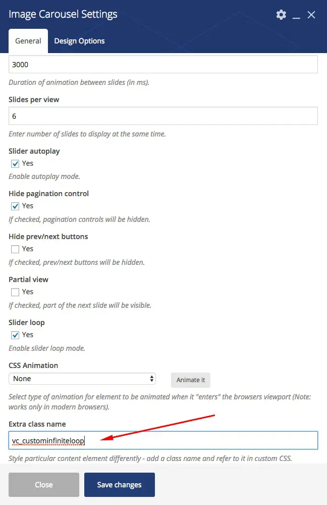 Visual Composer image carousel settings dialog